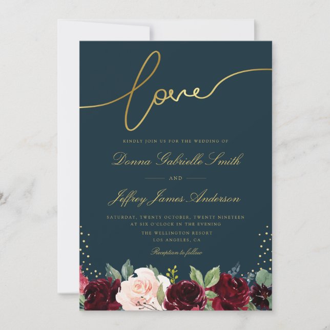 Invitation Mariage floral bordeaux bleu marine et or (Devant)