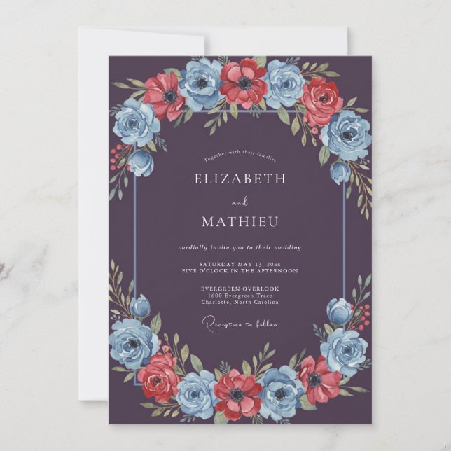 Invitation Mariage Floral Bordeaux Bleu Prune (Devant)