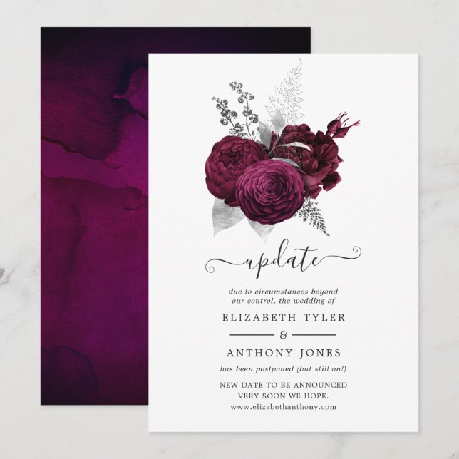 Invitation Mariage floral bordeaux et argent (Devant / Derrière)