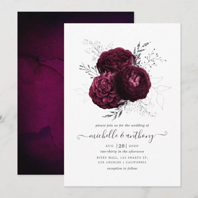 Invitation Mariage floral bordeaux et argent (Devant / Derrière)