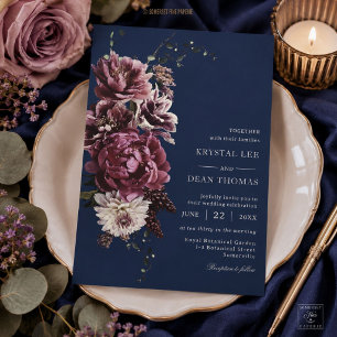 Invitation Mariage Floral Bordeaux et Bleu Nuit Profond