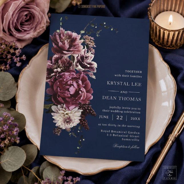 Invitation Mariage Floral Bordeaux et Bleu Nuit Profond (Créateur téléchargé)