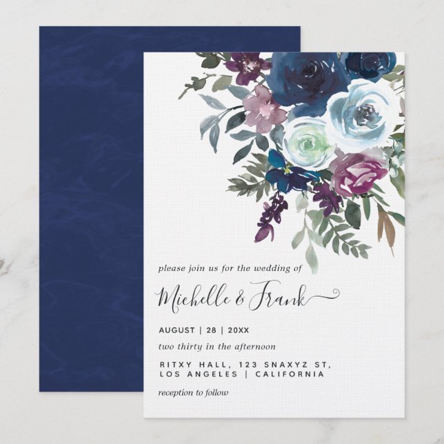 Invitation Mariage floral bordeaux et marine (Devant / Derrière)