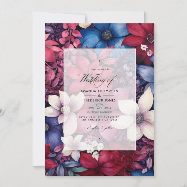 Invitation Mariage floral bordeaux et marine (Devant)
