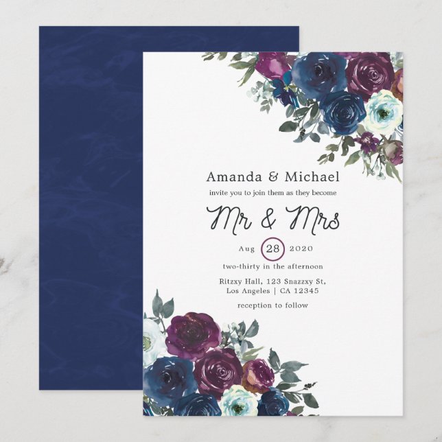 Invitation Mariage floral bordeaux et marine (Devant / Derrière)