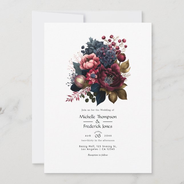 Invitation Mariage floral bordeaux et marine (Devant)