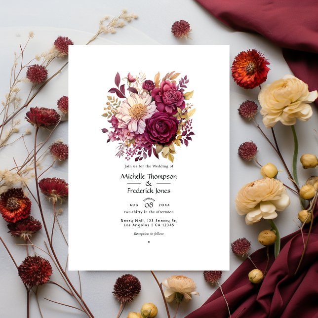 Invitation Mariage floral bordeaux et or (Créateur téléchargé)