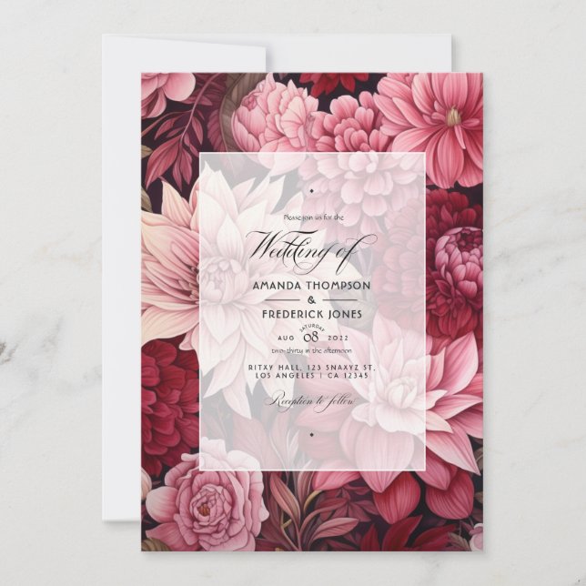 Invitation Mariage floral bordeaux et rose (Devant)