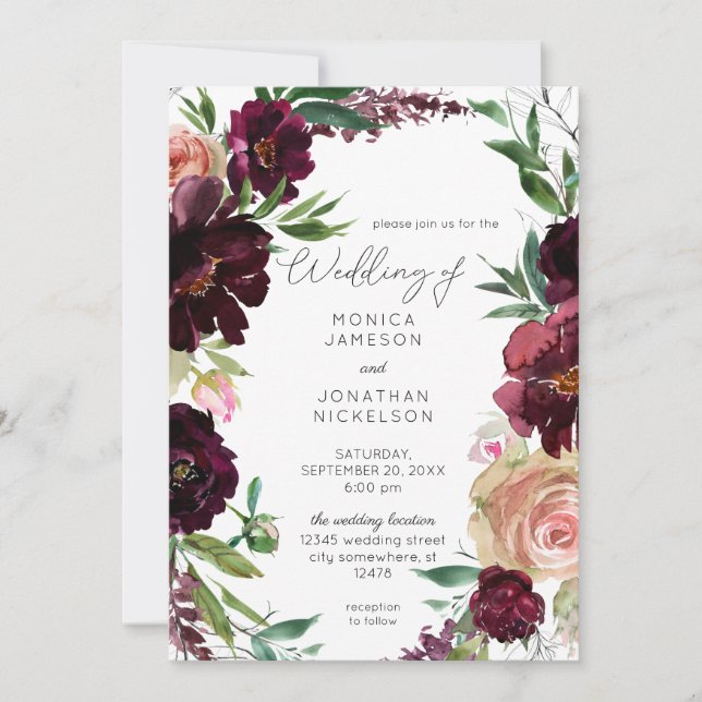 Invitation Mariage floral bordeaux et rose blush clair (Devant)