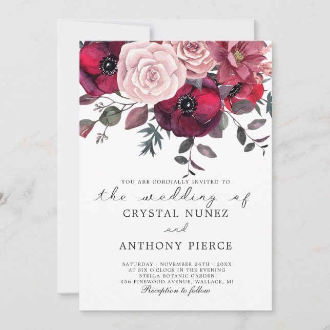Invitation mariage floral bordeaux et roux (Devant)