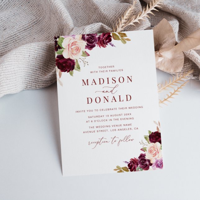 Invitation mariage floral bordeaux et roux (Créateur téléchargé)