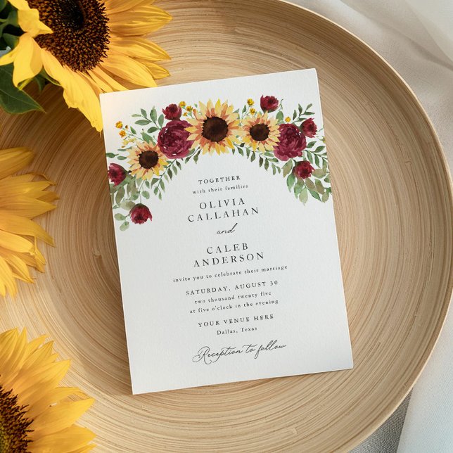 Invitation Mariage floral bordeaux et tournesol élégant (Créateur téléchargé)