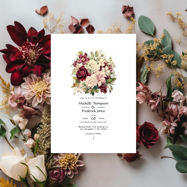Invitation Mariage floral bordeaux, ivoire et sauge (Créateur téléchargé)