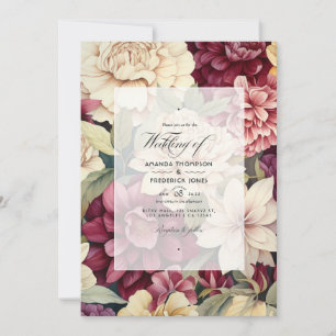 Invitation Mariage floral bordeaux, ivoire et sauge