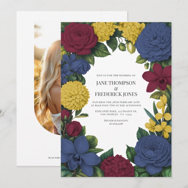 Invitation Mariage Floral Bordeaux, Nuit & Or (Devant / Derrière)