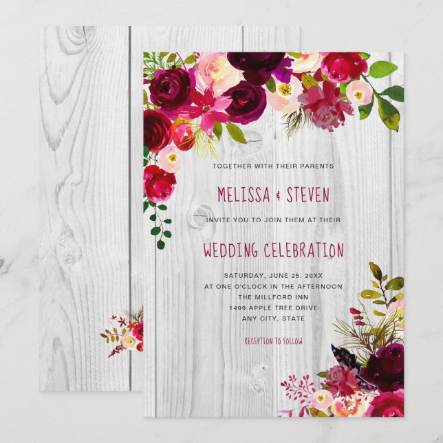 Invitation Mariage floral bordeaux rustique + bois blanc (Devant / Derrière)