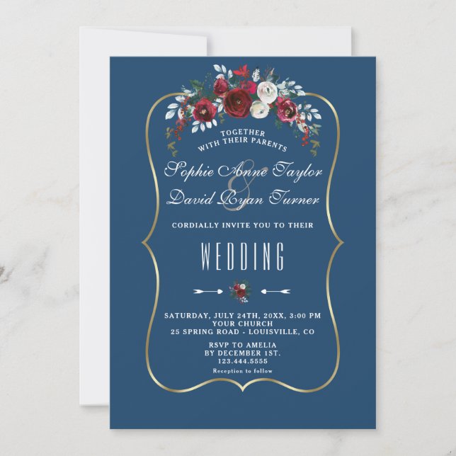Invitation Mariage floral bordeaux sapin bleu marine or (Devant)