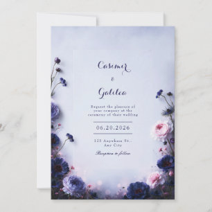Invitation Mariage Floral Border Mist Teinte Indigo Blush