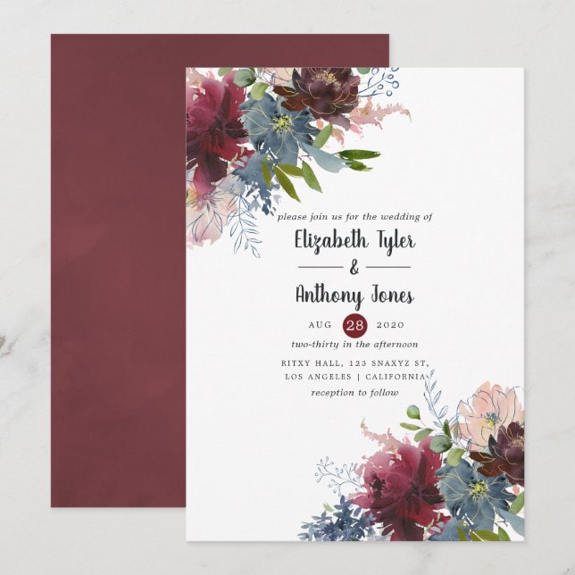 Invitation Mariage floral Bordo et marine (Devant / Derrière)