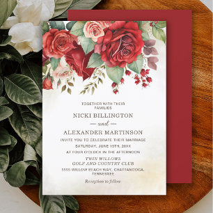 Invitation Mariage floral botanique aux roses rouges élégante