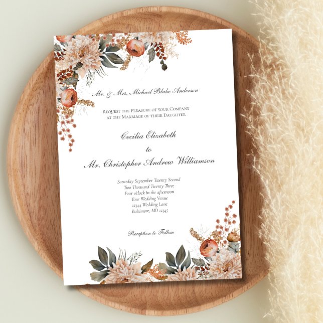 Invitation Mariage floral botanique aux tons terre cuite  (Terracotta Beige Green Earth Tones Floral Botanical Wedding Invitation)