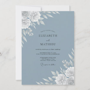 Invitation Mariage Floral Botanique Bleu Acier