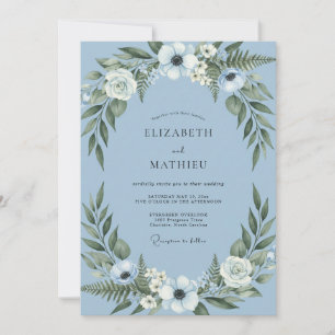 Invitation Mariage Floral Botanique Bleu Clair