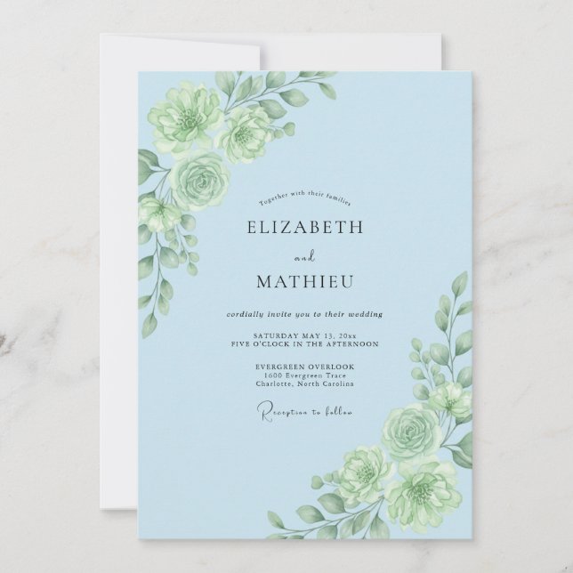 Invitation Mariage Floral Botanique Bleu Clair (Devant)