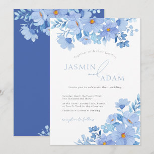 Invitation Mariage Floral Botanique Bleu Élégant
