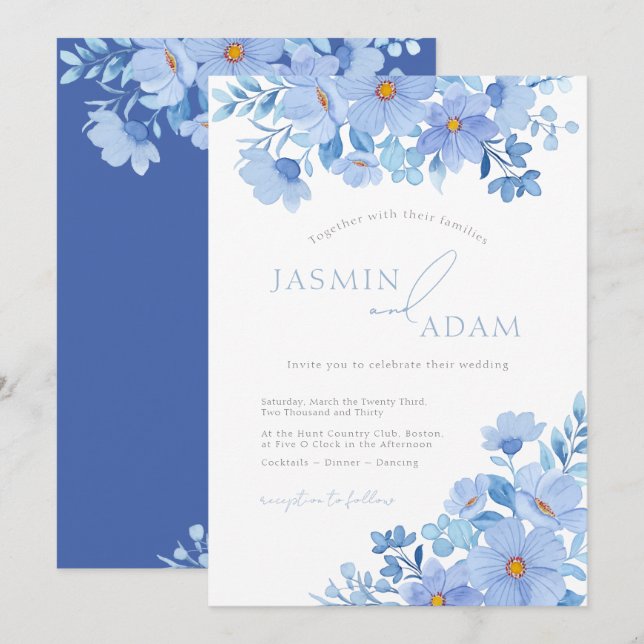 Invitation Mariage Floral Botanique Bleu Élégant (Devant / Derrière)