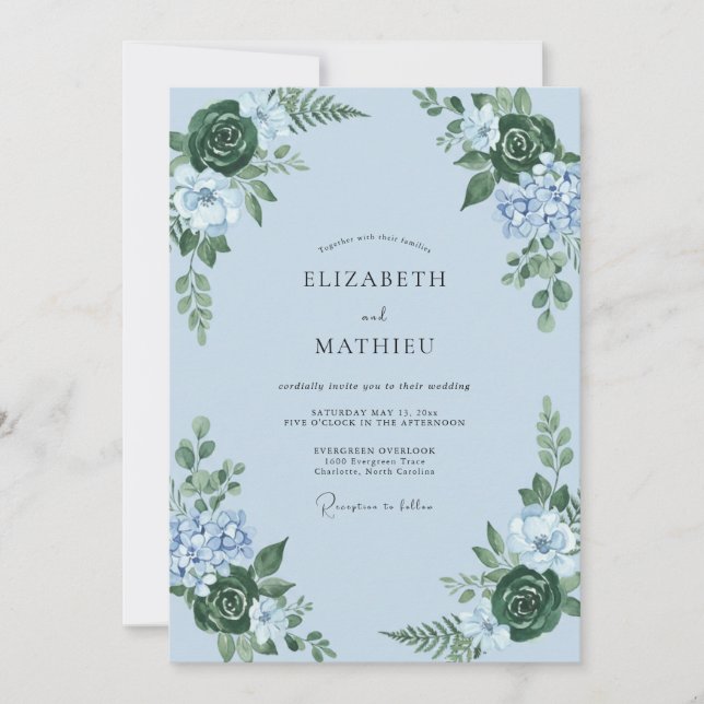 Invitation Mariage Floral Botanique Bleu Glacé (Devant)