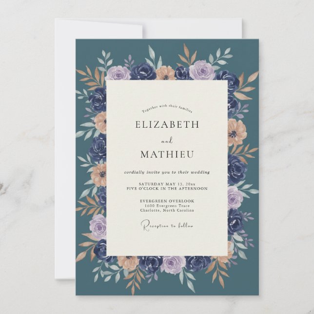 Invitation Mariage Floral Botanique Bleu Marine (Devant)