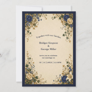 Invitation Mariage floral botanique bleu royal médiéval