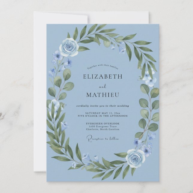Invitation Mariage Floral Botanique Bleu Sérénité (Devant)