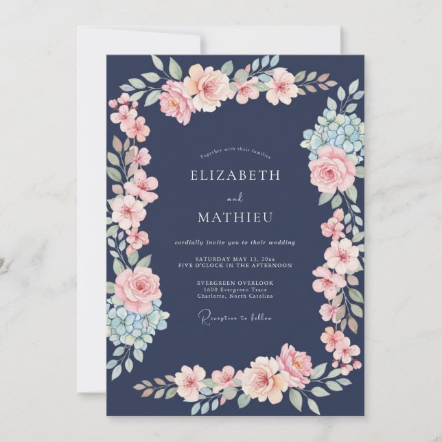 Invitation Mariage Floral Botanique Blush Navy (Devant)