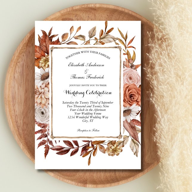 Invitation Mariage floral botanique boho rouge terracotta (Terracotta Blush Cream Boho Botanical Fall Autumn Wedding Invitation)