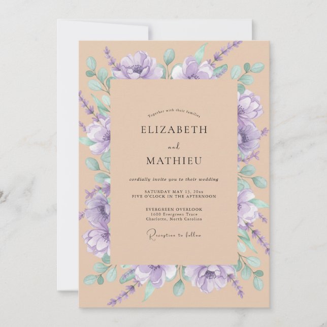 Invitation Mariage Floral Botanique Champagne Lavande (Devant)