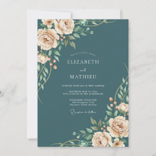 Invitation Mariage floral botanique Champagne sarcelle