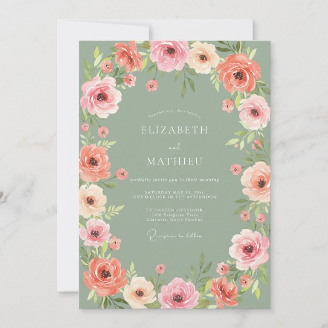 Invitation Mariage Floral Botanique Corail Rosé (Devant)
