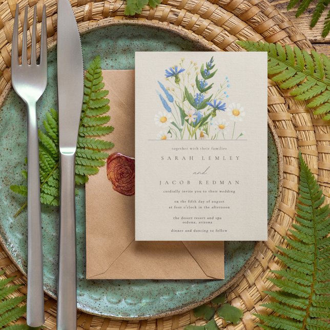Invitation Mariage Floral Botanique Daisy Bleu d'Été (Créateur téléchargé)