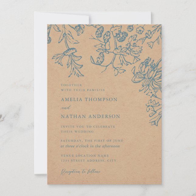 Invitation Mariage Floral Botanique Élégant Bleu Rustique (Devant)