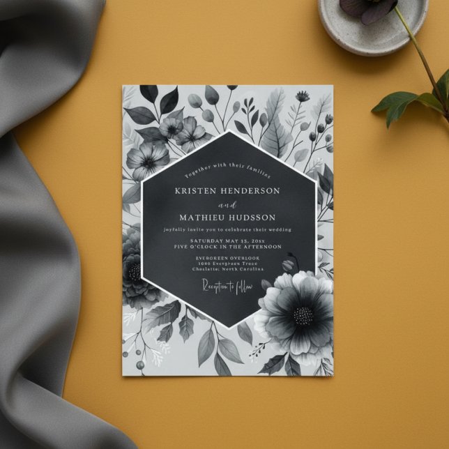 Invitation Mariage Floral Botanique Gris Ardoise (Créateur téléchargé)
