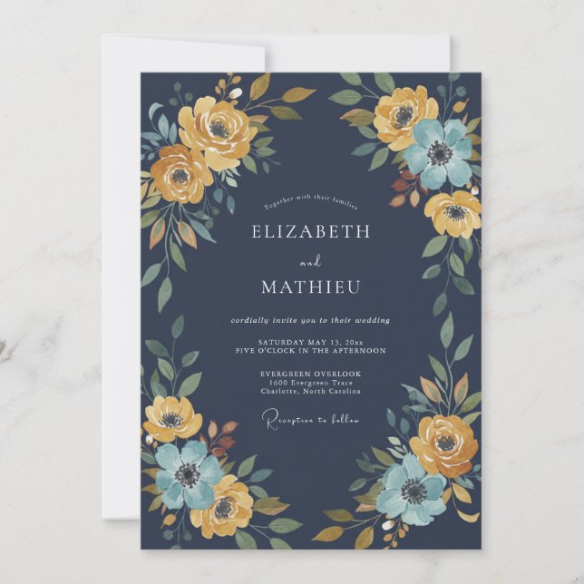 Invitation Mariage floral botanique jaune marine (Devant)