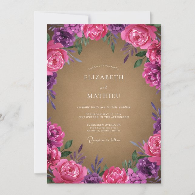 Invitation Mariage Floral Botanique Magenta Violet (Devant)
