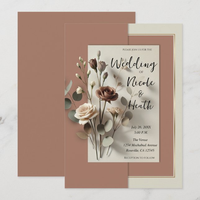 Invitation Mariage Floral Botanique Moderne Mousse au Chocola (Devant / Derrière)