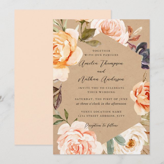 Invitation Mariage Floral Botanique Moderne Teinté de Pêche (Devant / Derrière)