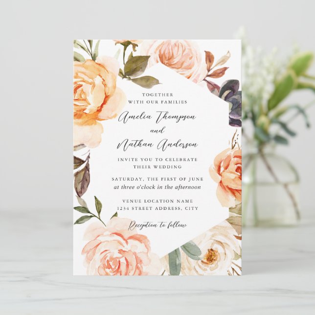 Invitation Mariage Floral Botanique Moderne Teinté de Pêche (Debout devant)