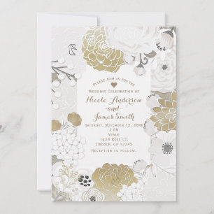 Invitation Mariage Floral Botanique Moderne Vintage Or Blanc