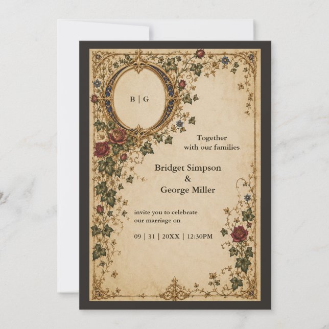 Invitation Mariage Floral Botanique Monogramme Royal Médiéval (Devant)