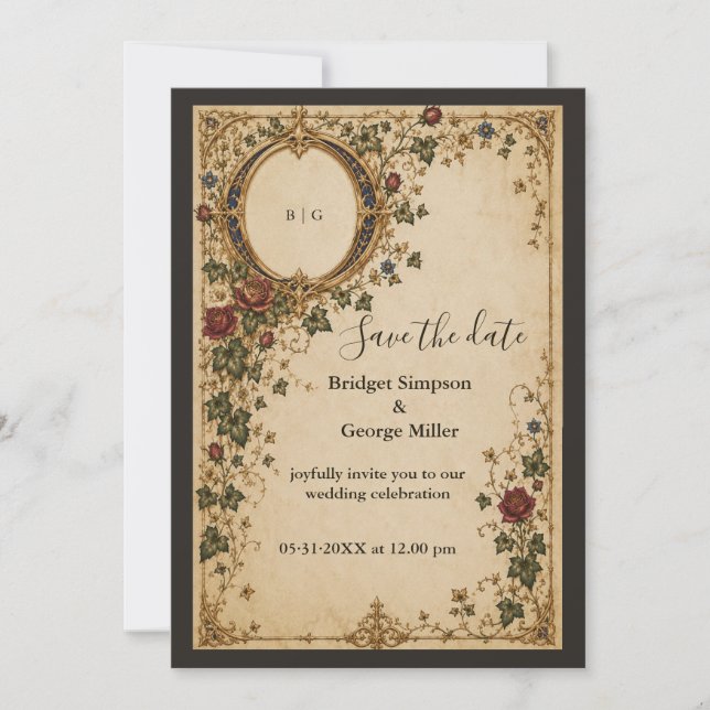 Invitation Mariage Floral Botanique Monogramme Royal Médiéval (Devant)